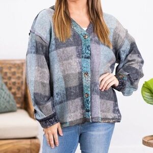 New! Bibi Gray Multicolor Abstract Plaid Cardigan